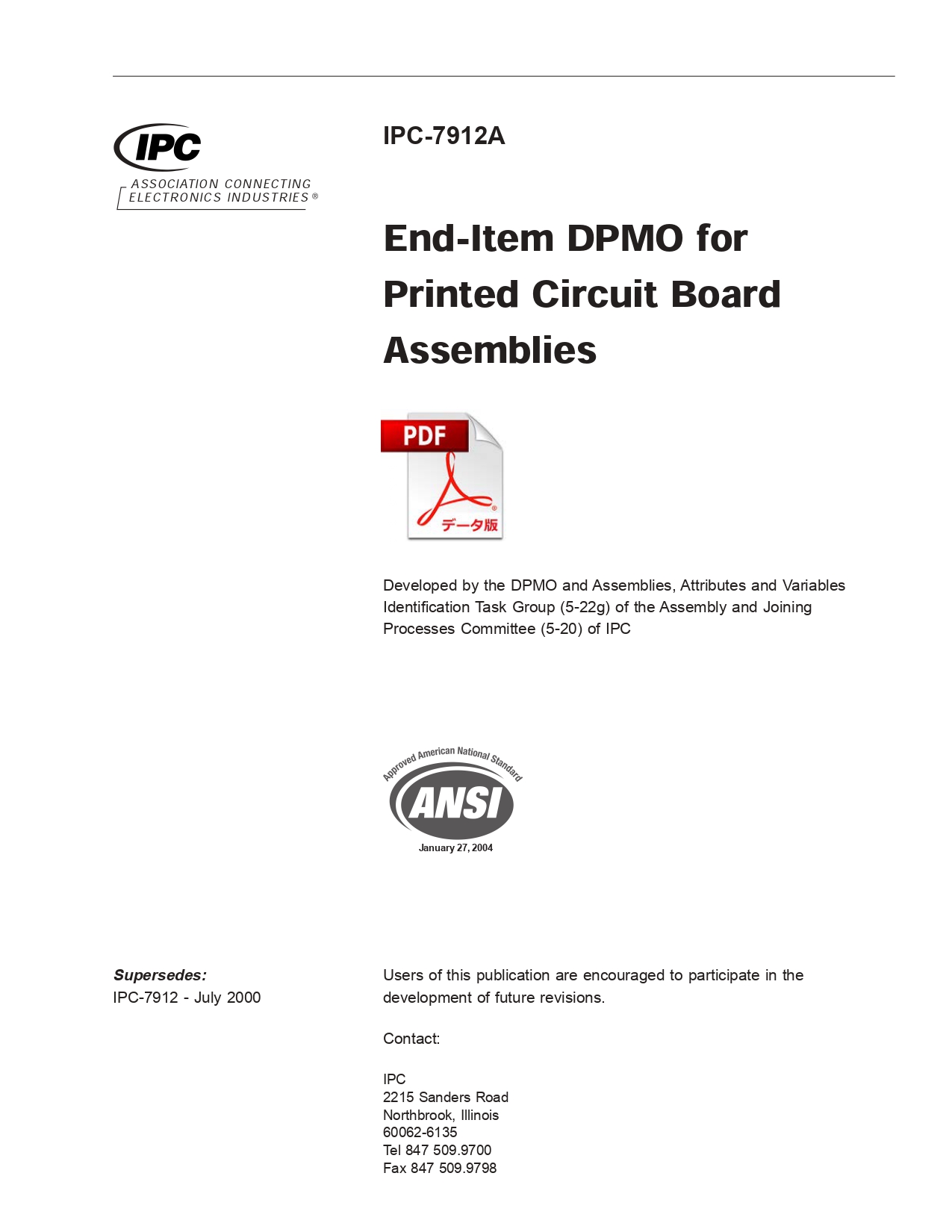 ［英語版］IPC-7912A: End-Item DPMO for Printed Circuit Board Assemblies