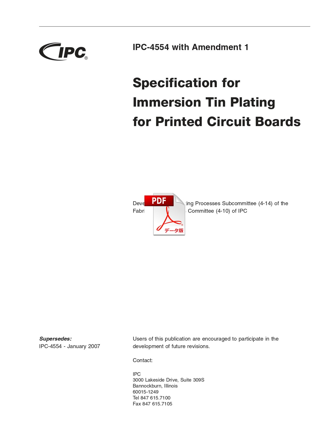 【英語版】IPC-4554 WAM1: Specification for Immersion Tin Plating for Printed Circuit Boards
