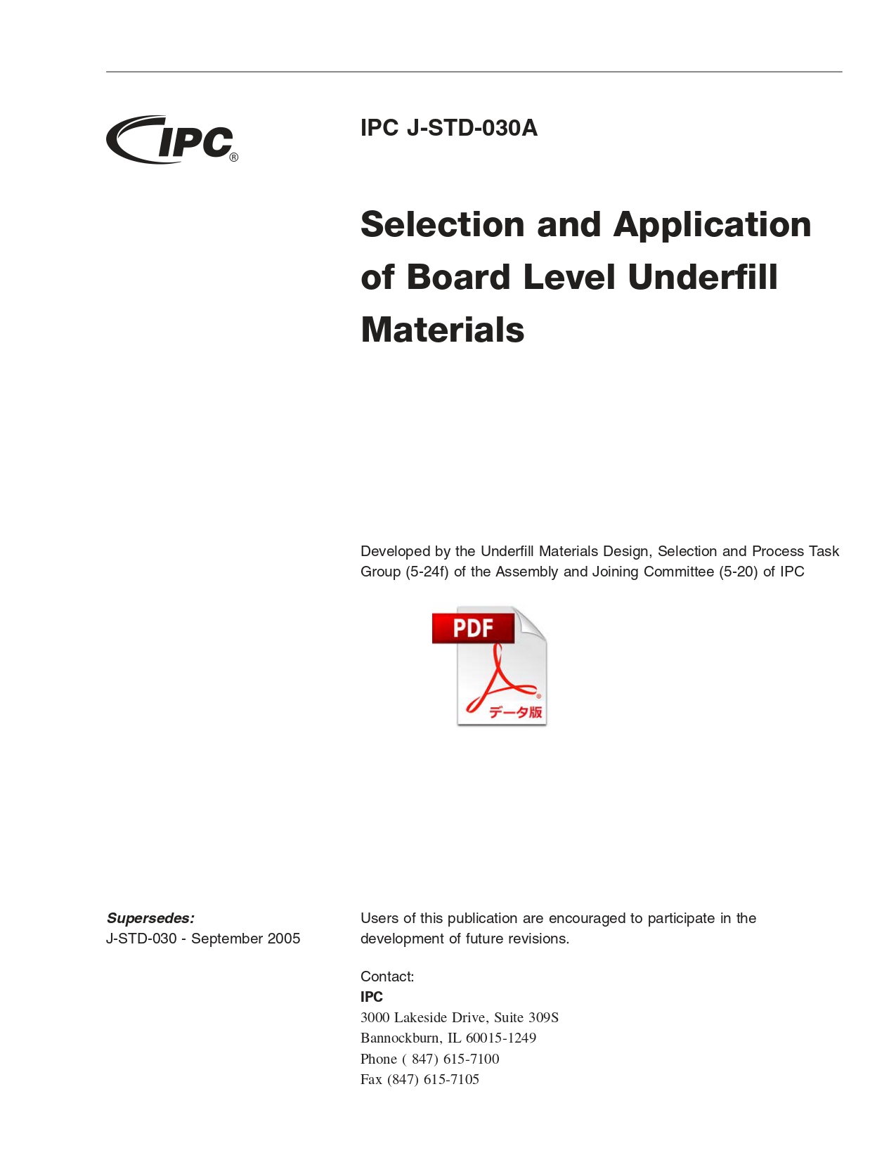 ［英語版］IPC J-STD-030A: Selection and Application of Board Level Underfill Materials